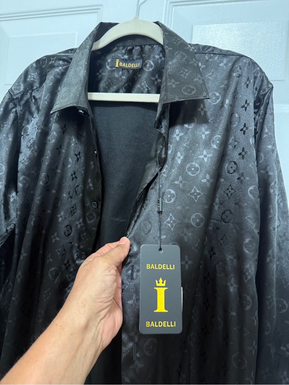 Men's Black Satin Button-Up Shirt. Copy of Louis Vuitton logo brand new. - Picture 11 of 11